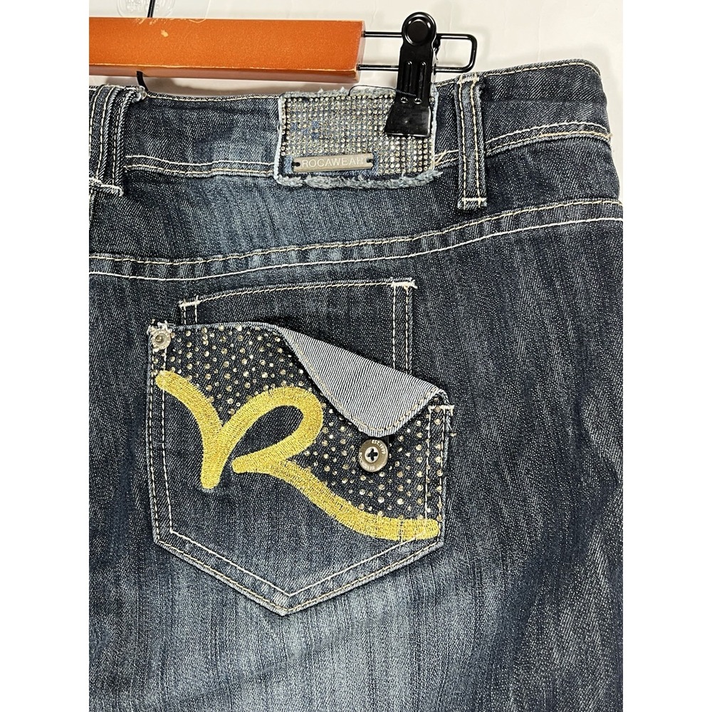 Vintage Rocawear Women's Jean Dark Wash Embellished Zipper Back Legs Capri Sz 16 - Picture 11 of 16